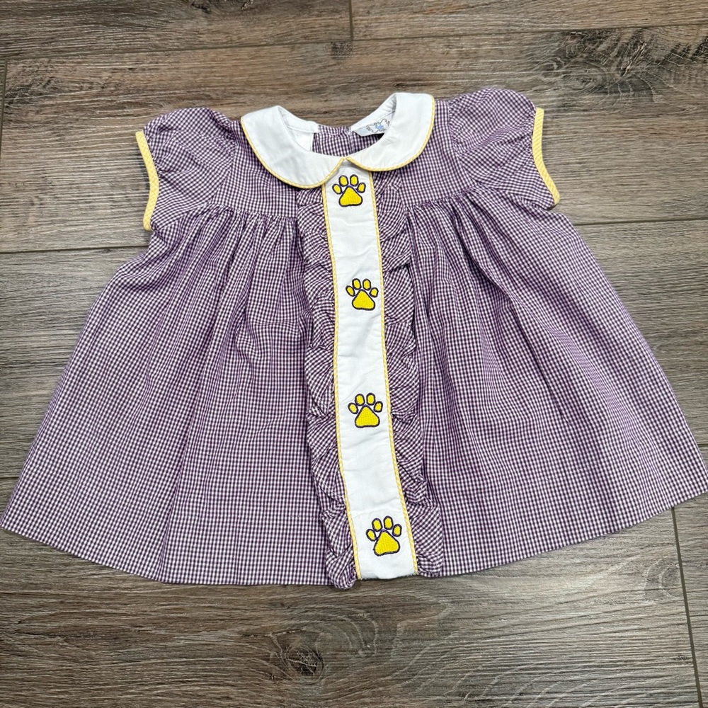 Lulu Bebe Girls Purple Gingham Dress with Yellow Tiger Paw Accents